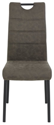 Moderner Stuhl mit gepolsterter Rückenlehne und Sitzfläche in dunklem Grau, schwarze Metallbeine, Frontalansicht.