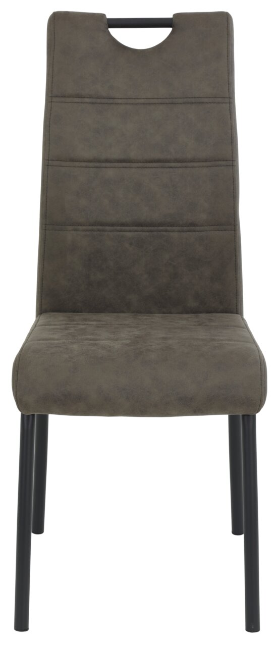 Moderner Stuhl mit gepolsterter Rückenlehne und Sitzfläche in dunklem Grau, schwarze Metallbeine, Frontalansicht.