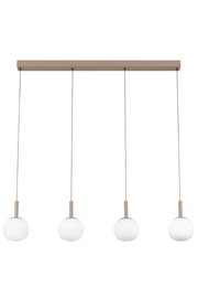 Moderne LED-Hängeleuchte mit vier kugelförmigen, weißen Lampenschirmen, von vorne betrachtet.