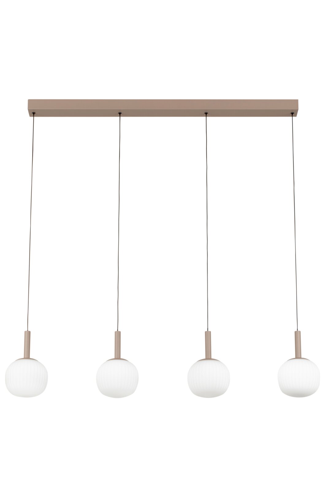 Moderne LED-hanglamp met vier bolvormige, witte lampenkappen, gezien vanaf de voorkant.