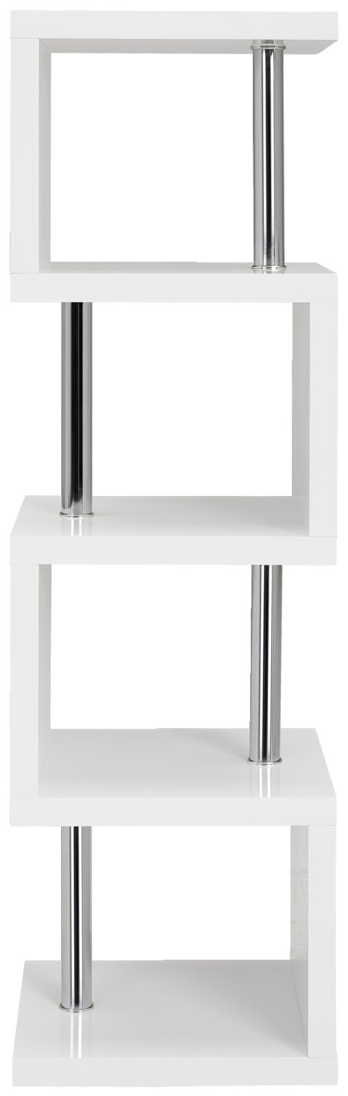 Weißes, modernes Regal mit vier versetzten Ablagen und silbernen Metallstützen, Frontalansicht
