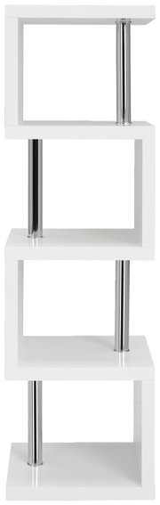 Weißes, modernes Regal mit vier versetzten Ablagen und silbernen Metallstützen, Frontalansicht