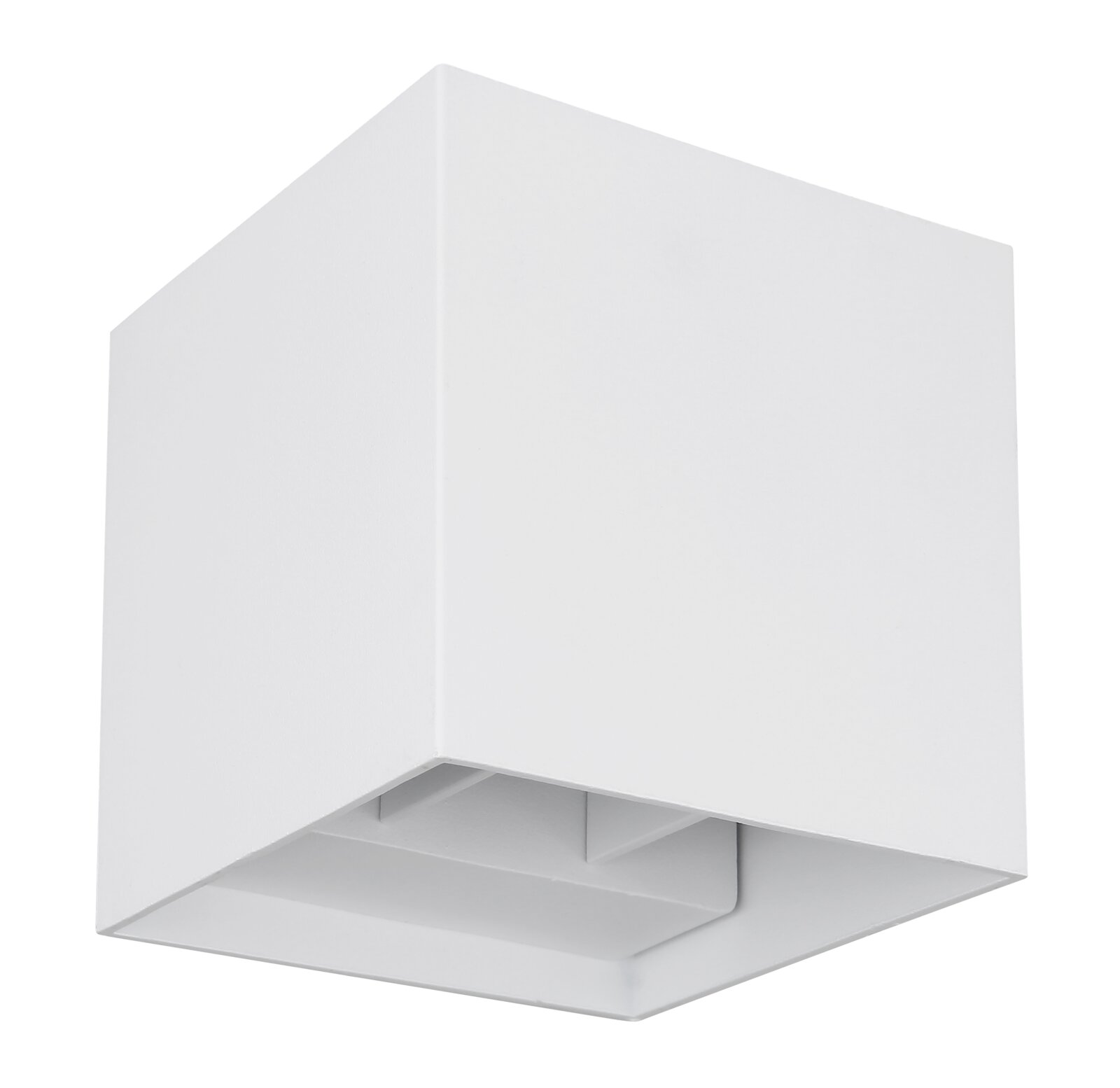 Weiße, kubische Außenleuchte aus seitlicher Perspektive