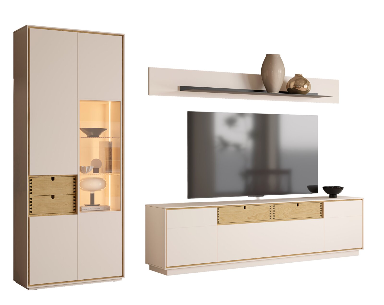 Moderne Wohnwand/TV-Lowboard-Set in Weiß und Eiche-Optik mit Vitrine samt LED-Beleuchtung, TV-Board und Wandregal, frontal in leichter Schrägansicht von links freigestellt auf weißem Hintergrund.