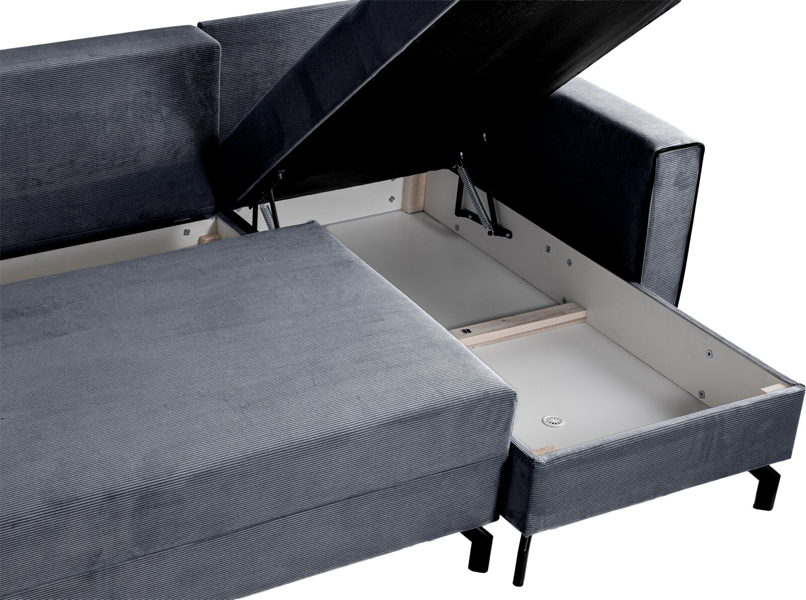 Schlafsofa L-Form rechts mit geöffnetem Stauraum, Perspektive von oben