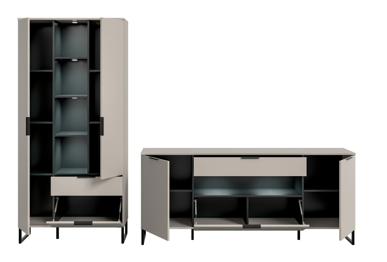 Zweiteiliges Sideboard- und Hochschrank-Set in Beige mit schwarzen Metallfüßen, Türen und Klappen geöffnet, Innenfächer und Schublade sichtbar, Frontansicht