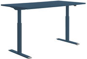 Moderner blauer E-Schreibtisch aus seitlicher Perspektive mit höhenverstellbaren Beinen.