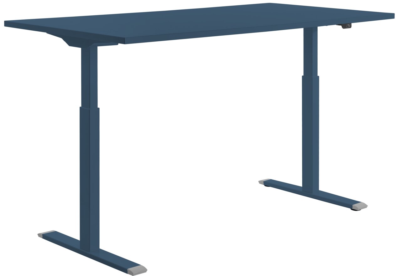 Modern blauw elektrisch bureau, gezien vanaf de zijkant, met in hoogte verstelbare poten.