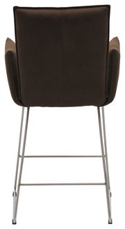 Rückansicht eines Barsessels mit braunem Polster und Metallbeinen.