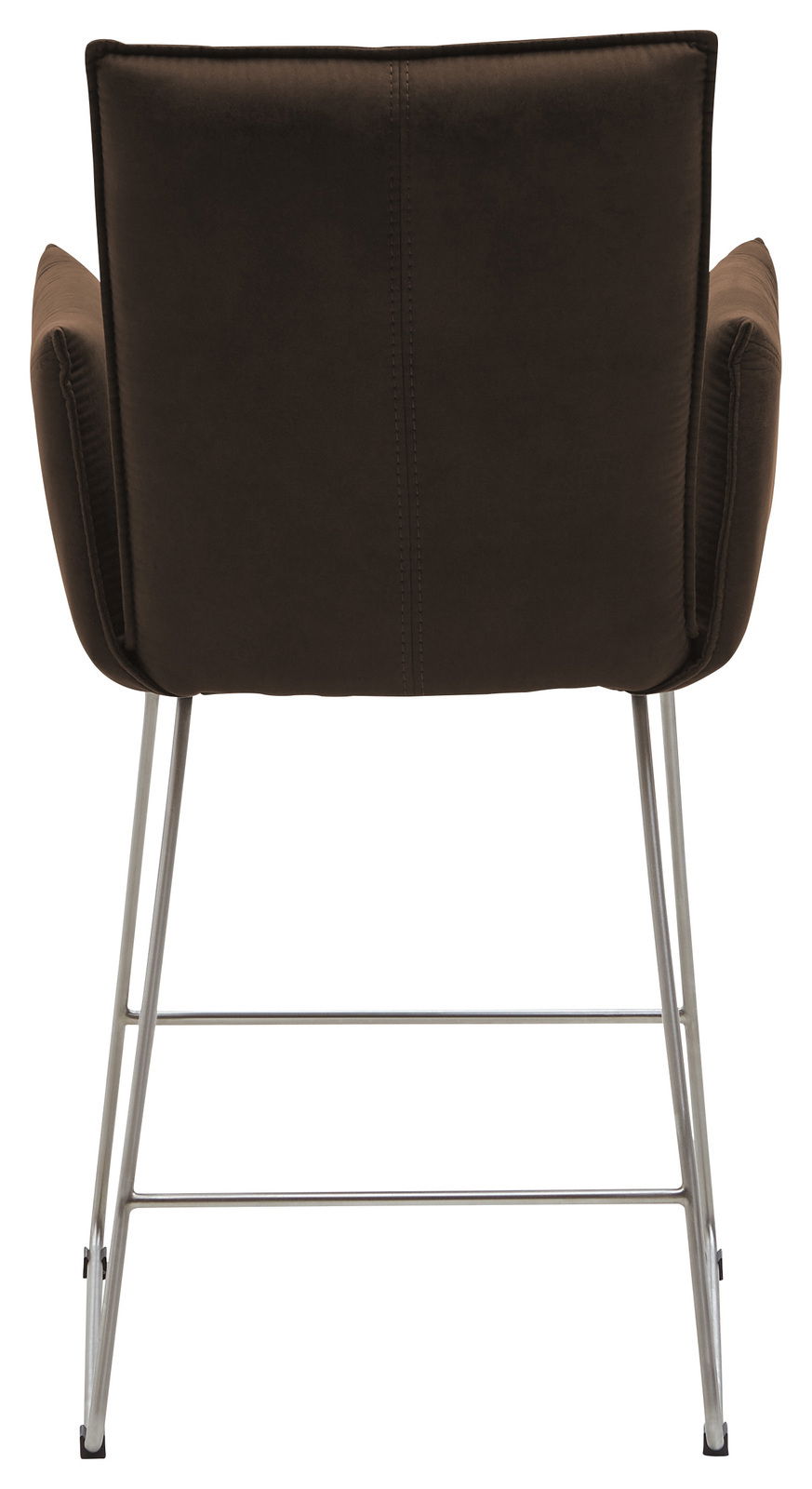 Rückansicht eines Barsessels mit braunem Polster und Metallbeinen.