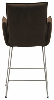 Rückansicht eines Barsessels mit braunem Polster und Metallbeinen.