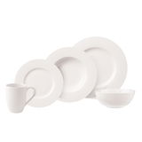 Kombiservice Basic White 20-teilig, bestehend aus Tasse, Schüssel und verschiedenen Tellern, aus seitlicher Perspektive fotografiert.
