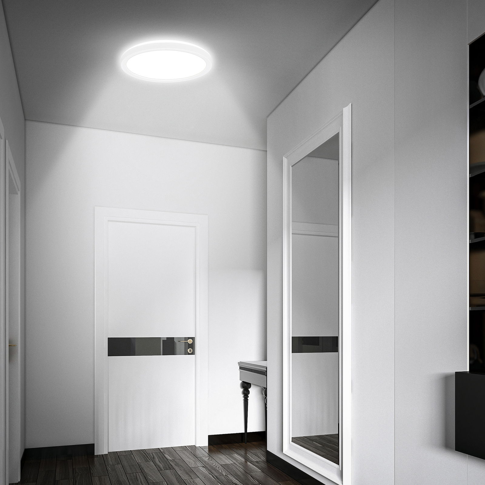 Moderne LED-Deckenleuchte mit Bewegungssensor, von unten betrachtet in einem eleganten Flur installiert.