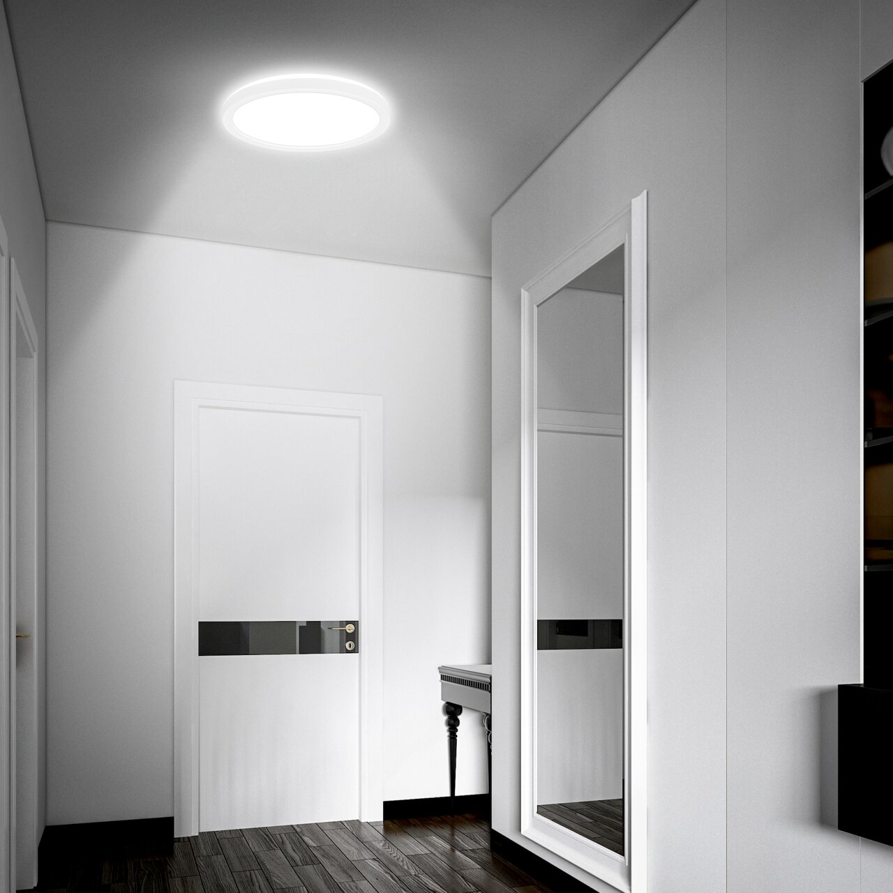 Moderne LED-Deckenleuchte mit Bewegungssensor, von unten betrachtet in einem eleganten Flur installiert.