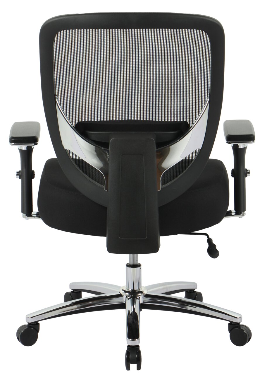 Rückansicht eines modernen Chefsessels mit Netzrückenlehne und verstellbaren Armlehnen.