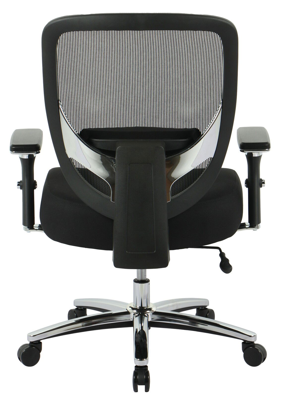 Rückansicht eines modernen Chefsessels mit Netzrückenlehne und verstellbaren Armlehnen.