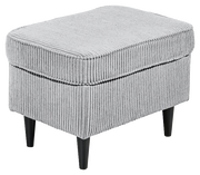 Grauer Hocker mit geripptem Stoffbezug und schwarzen Beinen, seitliche Perspektive