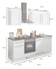 Küchenblock 220 cm ohne Elektrogeräte, Frontansicht mit Hängeschränken, Dunstabzugshaube und Arbeitsplatte mit Spüle und Herd.