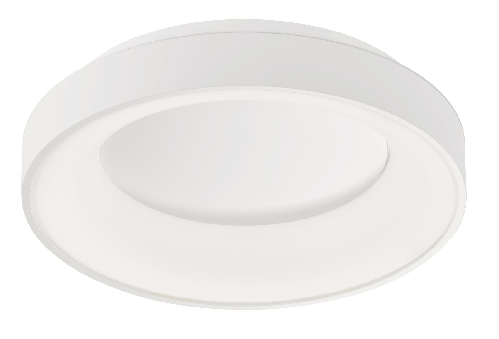 Runde, weiße Deckenleuchte aus seitlicher Perspektive