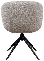 Achterkant van een fauteuil met grijze stoffen bekleding en een zwart metalen frame.