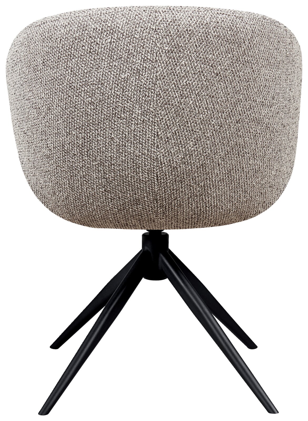 Achterkant van een fauteuil met grijze stoffen bekleding en een zwart metalen frame.