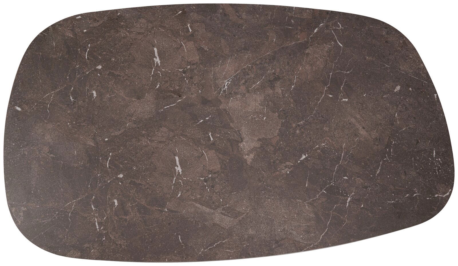 Draufsicht auf eine rechteckige Tischplatte mit brauner Marmoroptik und weißen Adern.