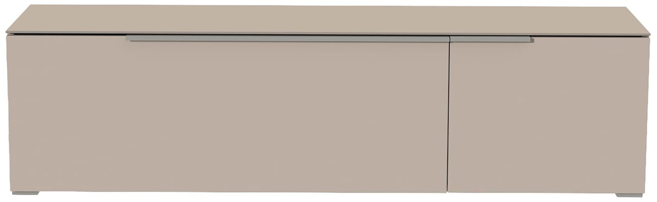 TV-Lowboard in beige aus der Frontansicht mit schlichtem Design und klaren Linien.