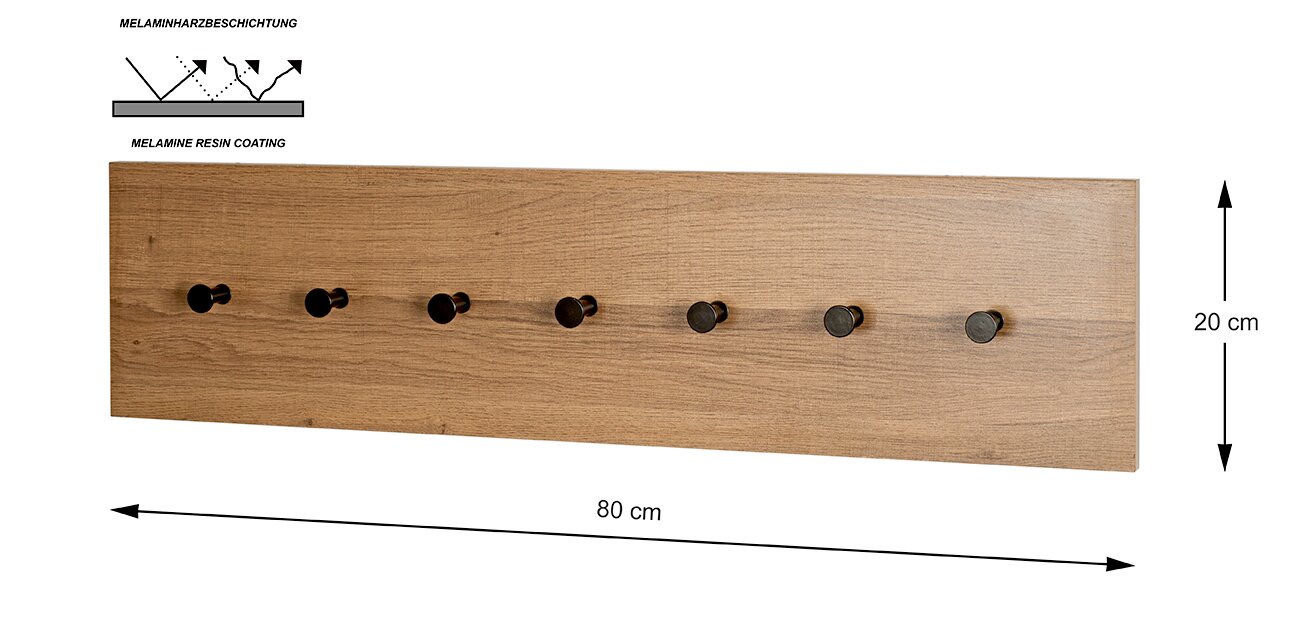 Wandgarderobe aus Holzoptik mit Melaminharzbeschichtung und sieben schwarzen Haken, Maße ca. 80 x 20 cm, Frontansicht