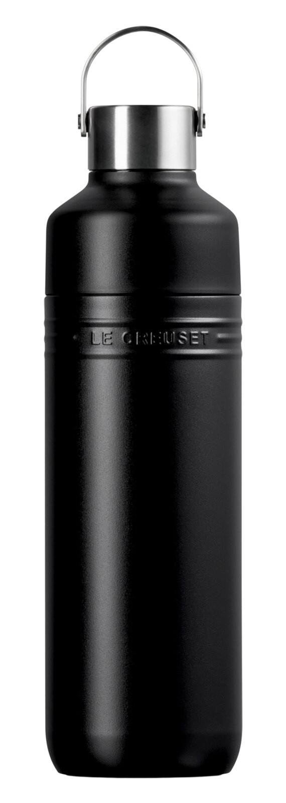 LE CREUSET Trinkflasche Schwarz Matt ON THE GO Schwarze, matte Trinkflasche mit Edelstahlgriff, frontal fotografiert.