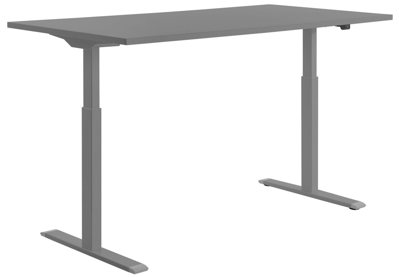 Moderner höhenverstellbarer E-Schreibtisch in grauer Farbe, seitliche Perspektive