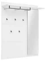 Weißes Garderobenpaneel mit schwarzem Kleiderhaken und integriertem Spiegel, seitliche Perspektive