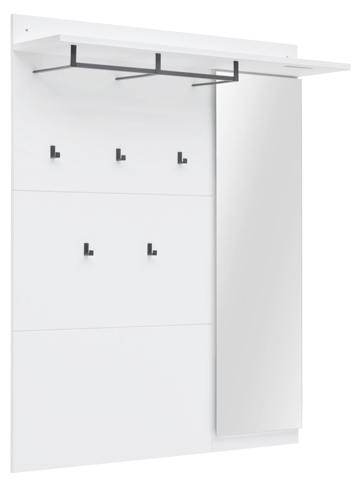 XORA Garderobenpaneel MEMPHIS Weißes Garderobenpaneel mit schwarzem Kleiderhaken und integriertem Spiegel, seitliche Perspektive