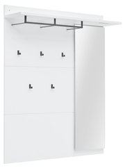 Weißes Garderobenpaneel mit schwarzem Kleiderhaken und integriertem Spiegel, seitliche Perspektive