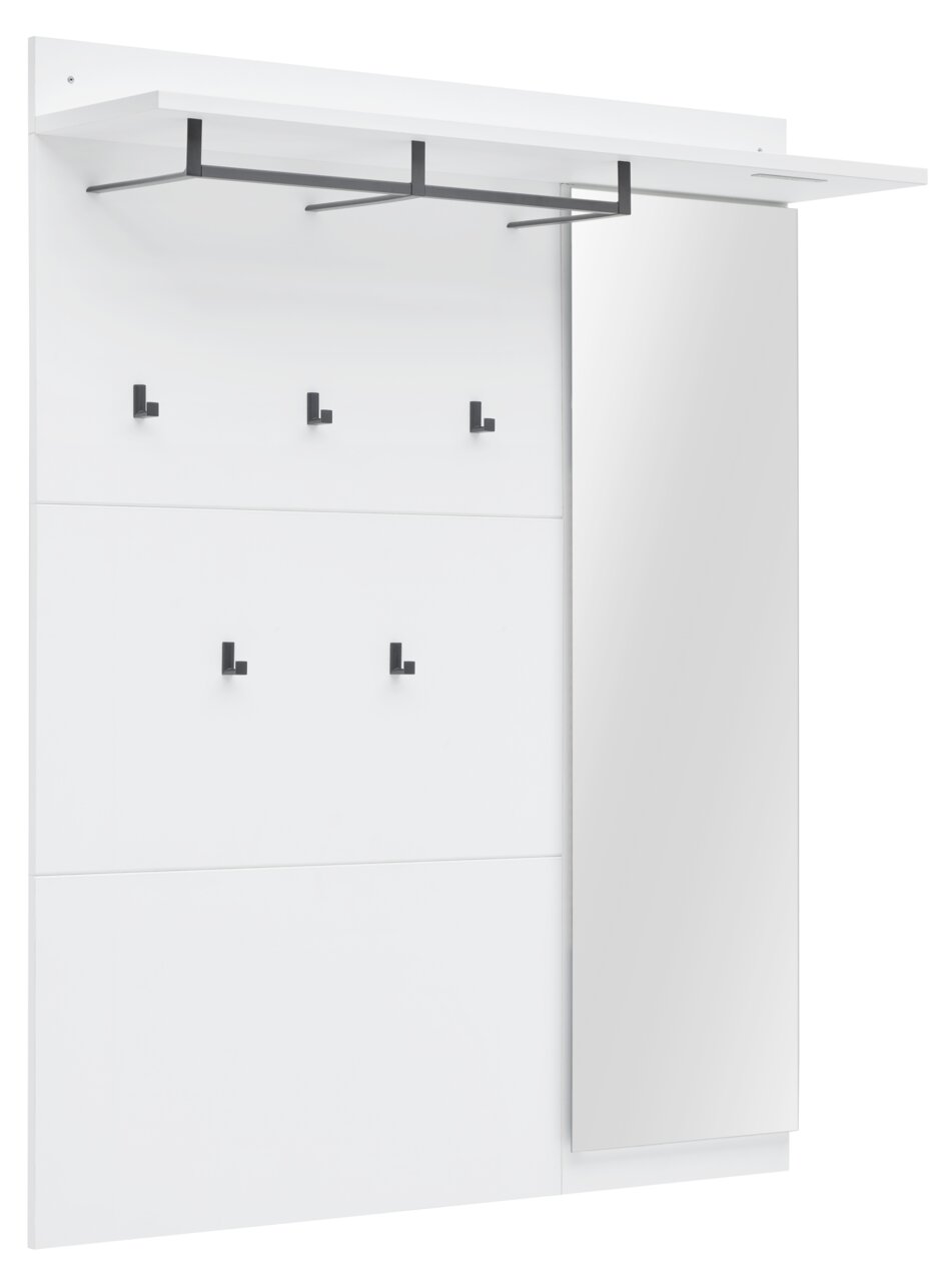 Weißes Garderobenpaneel mit schwarzem Kleiderhaken und integriertem Spiegel, seitliche Perspektive