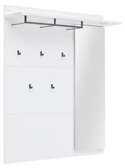 Weißes Garderobenpaneel mit schwarzem Kleiderhaken und integriertem Spiegel, seitliche Perspektive