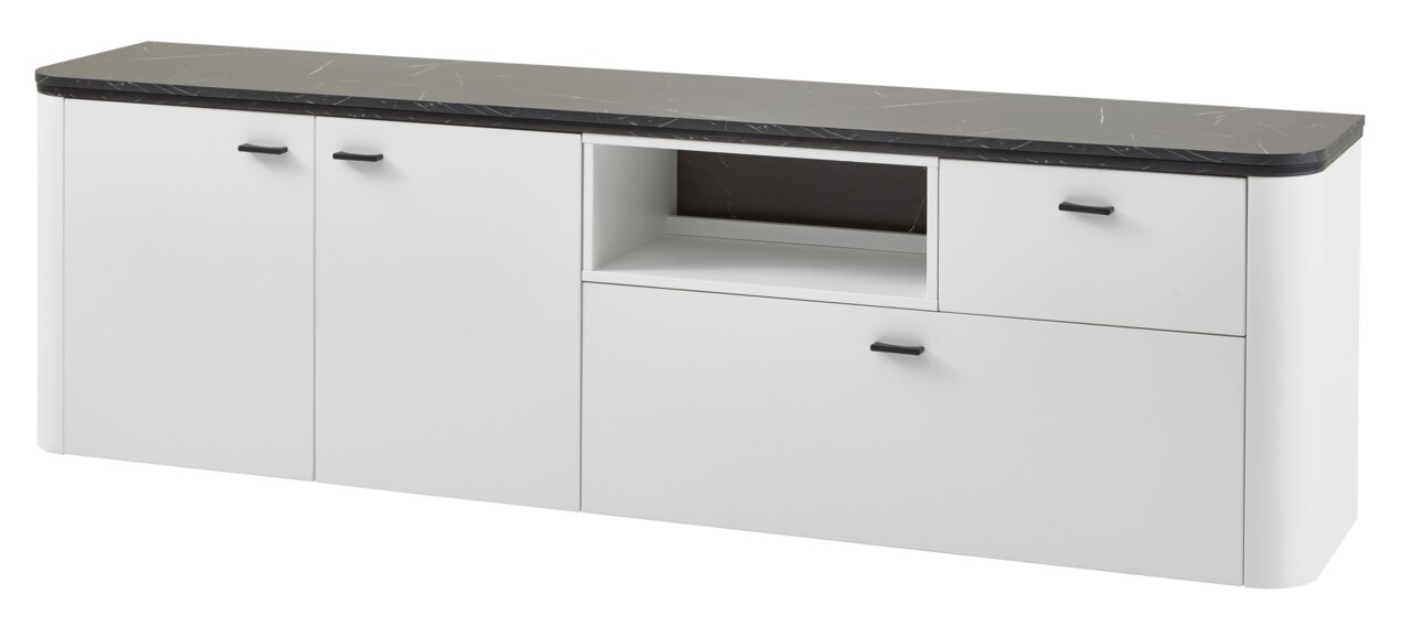 Zurbrüggen TV-Unterteil WAVE TV-Unterteil WAVE in Weiß mit schwarzer Marmoroptik-Oberfläche, zwei Türen, zwei Schubladen und einem offenen Fach, seitliche Perspektive