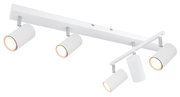 Moderner weißer Deckenstrahler mit vier verstellbaren zylindrischen Leuchten, seitliche Perspektive