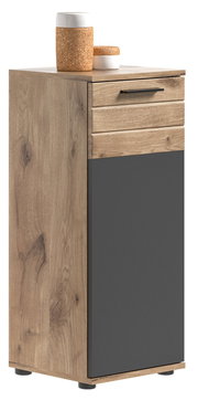 Moderner Badstandschrank aus Holz mit dunkler Front, seitliche Perspektive