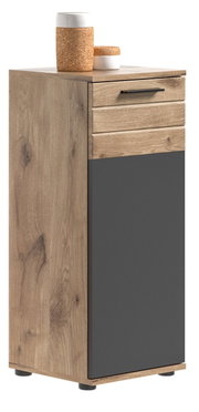 Moderner Badstandschrank aus Holz mit dunkler Front, seitliche Perspektive