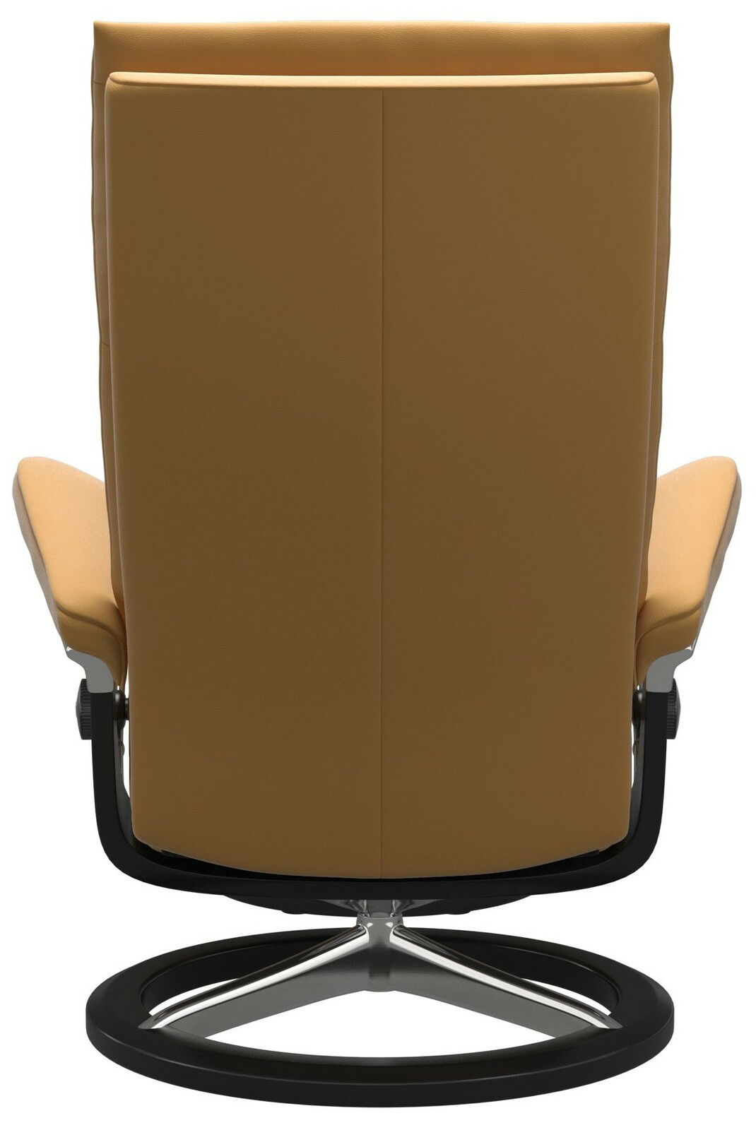 Rückansicht eines modernen, drehbaren Einzelsessels in braunem Leder mit schwarzem Metallgestell.