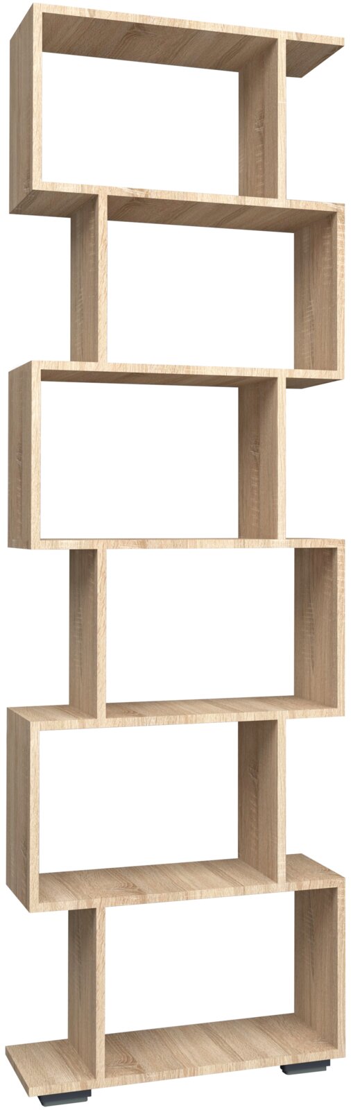 Modernes, hohes Regal in heller Holzoptik mit versetzt angeordneten, offenen Fächern perspektivische Ansicht schräg von vorne auf weißem Hintergrund.