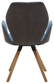 Rückansicht eines Armlehnenstuhls mit dunkelgrauer Rückenlehne und blauen Akzenten, auf Holzbeinen.