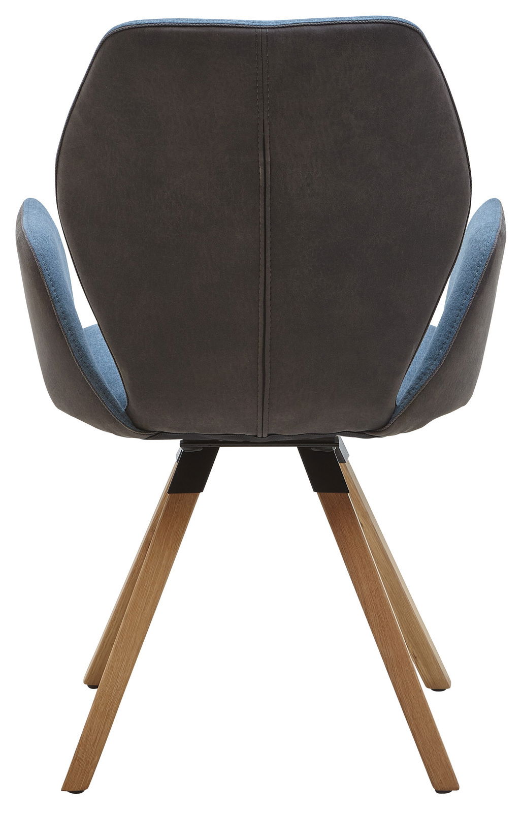 Rückansicht eines Armlehnenstuhls mit dunkelgrauer Rückenlehne und blauen Akzenten, auf Holzbeinen.