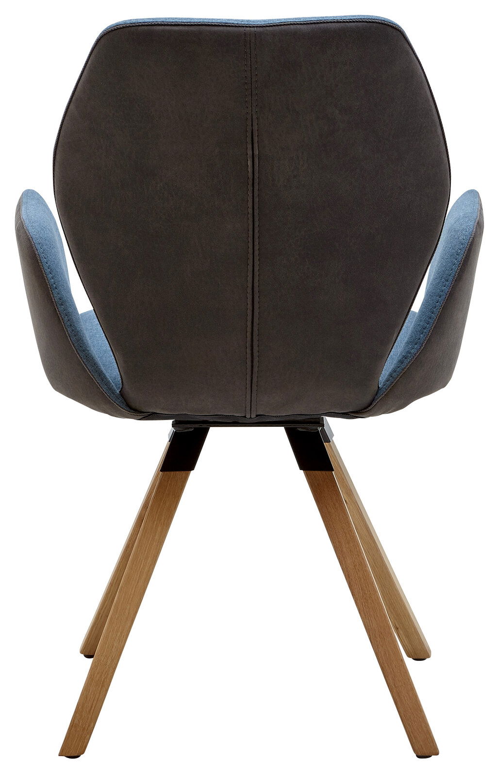 Rückansicht eines Armlehnenstuhls mit dunkelgrauer Rückenlehne und blauen Akzenten, auf Holzbeinen.