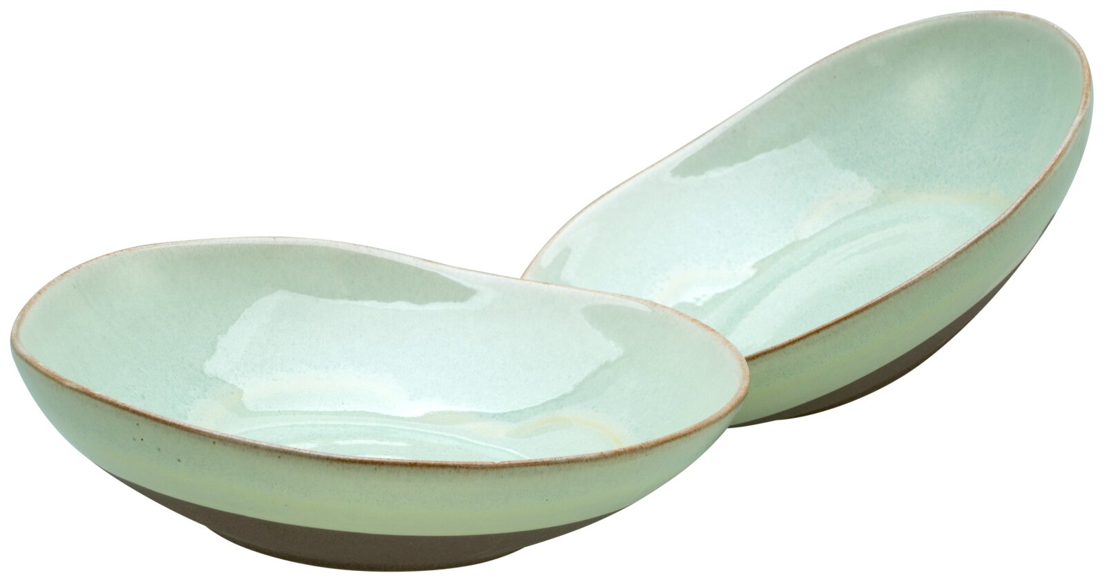 Creatable Pasta Bowl 2-tlg BASALT BIO Zwei ovale Keramikschalen in Mintgrün mit braunem Rand, schräg von oben in 3/4-Ansicht fotografiert