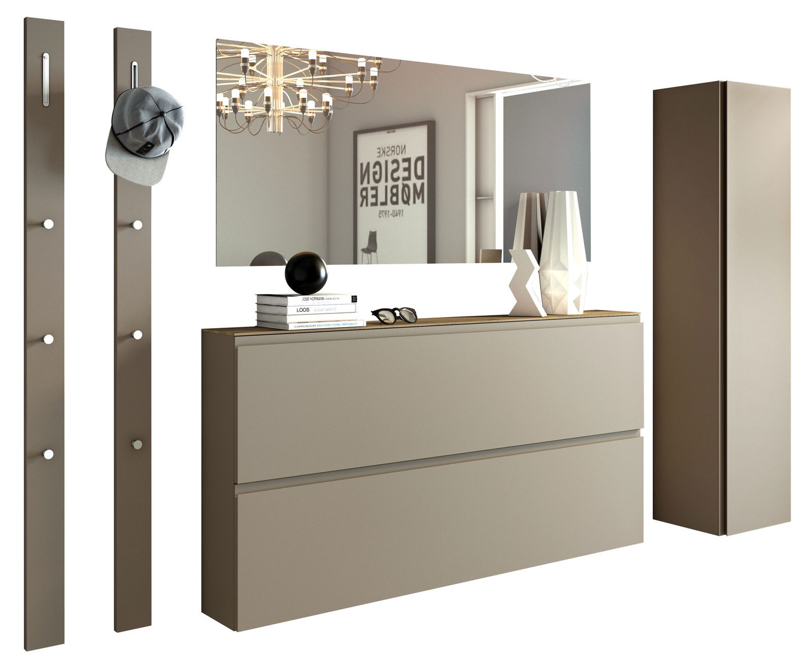 Moderano Garderoben-Set LECCO Modernes Garderobenset in Beige mit Spiegel, Hakenleisten und Schrank, seitliche Perspektive