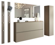 Modernes Garderobenset in Beige mit Spiegel, Hakenleisten und Schrank, seitliche Perspektive