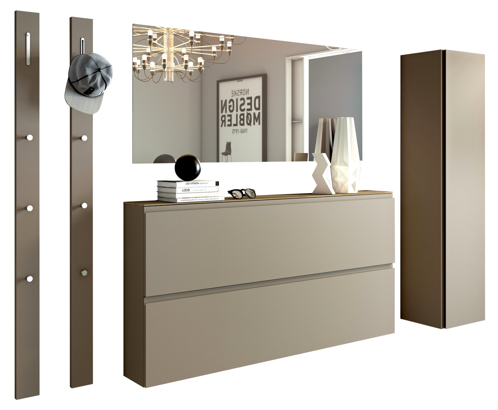 Moderano Garderoben-Set LECCO Modernes Garderobenset in Beige mit Spiegel, Hakenleisten und Schrank, seitliche Perspektive