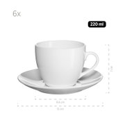 Weiße Porzellan-Kaffeetasse mit Untertasse im 6er-Set, 220 ml, Maße ca. 7 cm Höhe und 15 cm Untertassen-Ø, freigestellt auf weißem Hintergrund, Frontansicht leicht von oben