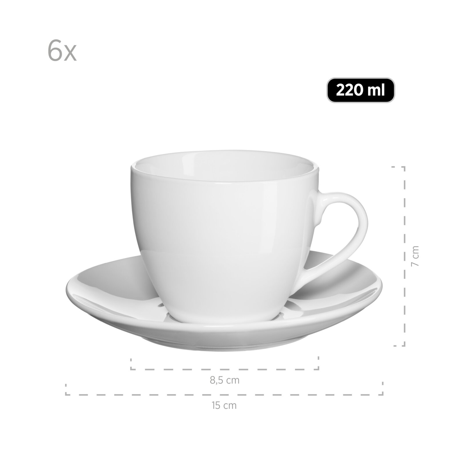 Weiße Porzellan-Kaffeetasse mit Untertasse im 6er-Set, 220 ml, Maße ca. 7 cm Höhe und 15 cm Untertassen-Ø, freigestellt auf weißem Hintergrund, Frontansicht leicht von oben